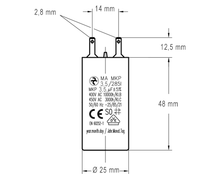 Côtes et dimensions du condensateur de 3.5uF Côtes et dimensions du condensateur de 3.5uF